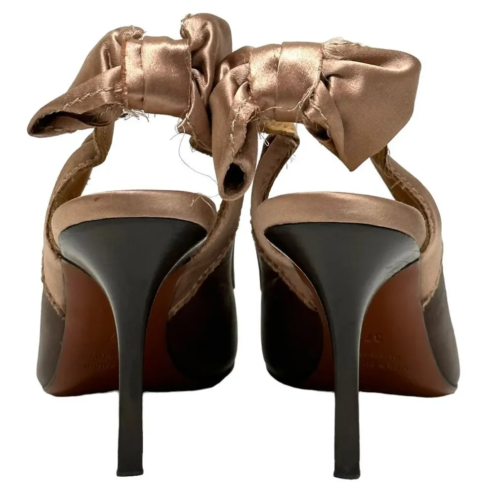 LANVIN Brown Leather & Pink Silk Slingback Bow Pumps Heels 37 6.5 7 Italy